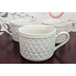 Set of 3 Oneida Waverly White Basket Weave Design Ceramic Flat Mugs Cups Handled